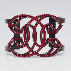 Chanel Red Crystal Black Metal CC Cuff Bracelet